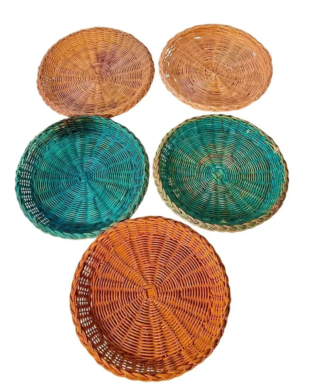 Lot of 5 Vintage Woven Wicker Paper Plate Holders  Green & Tan Braid Style